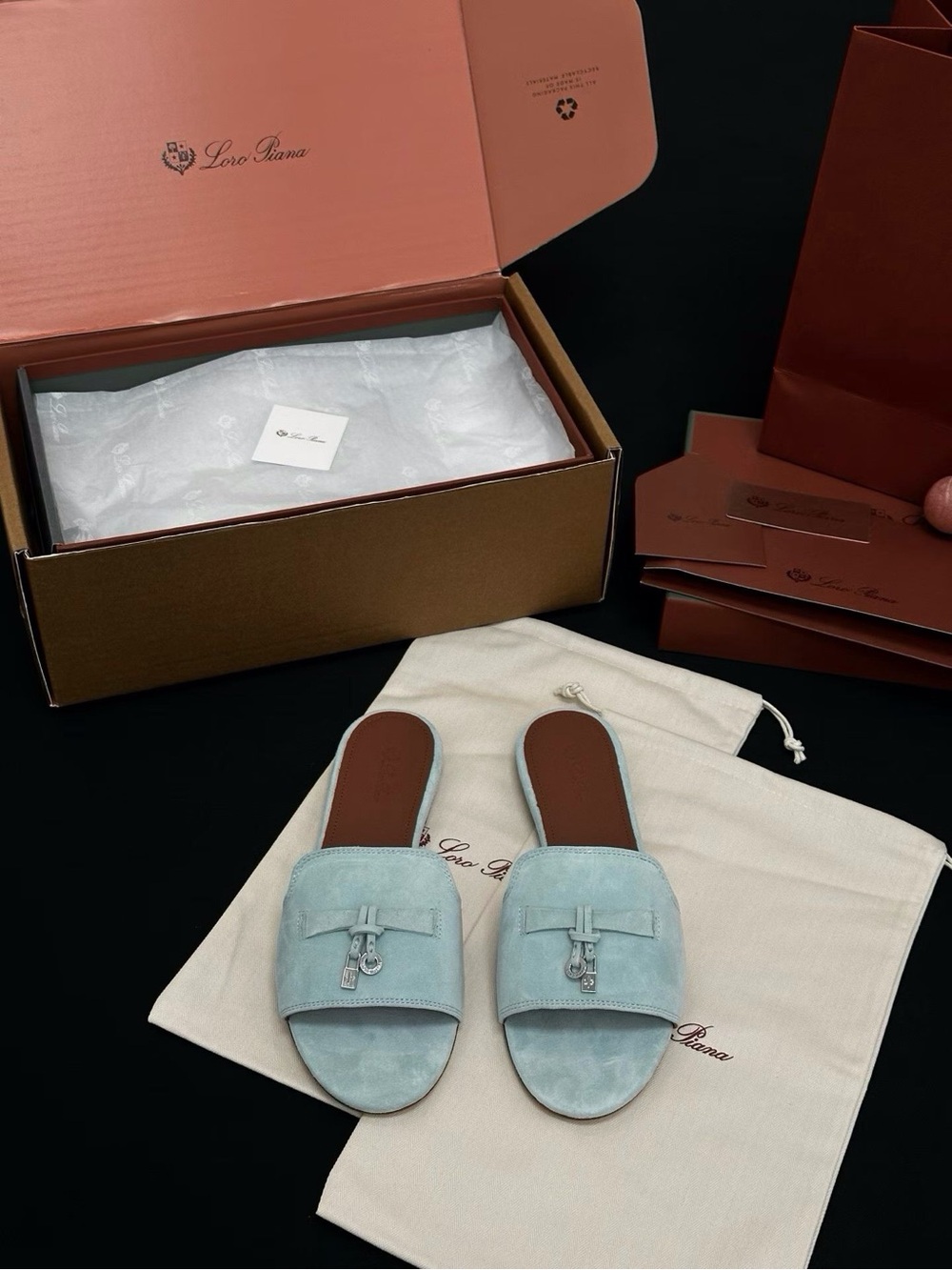 Loro Piana Light Blue Suede Slide Sandals with Silver Charm